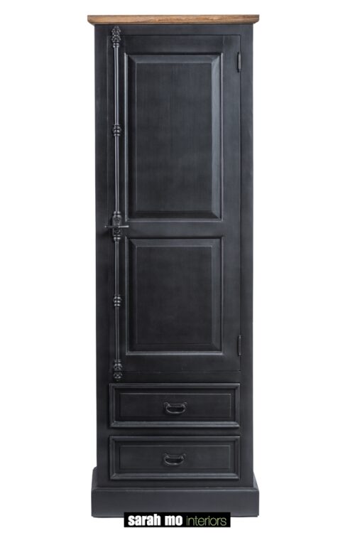 Zwarte kolomkast met 1 deur, 2 lades en bovenkant teak - Centimeter - Landelijke meubels en verlichting - Sarah Mo