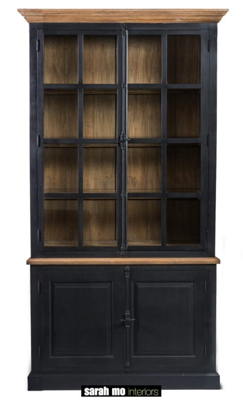 Zwarte vitrinekast met 2 glazen deuren, 2 houten deuren en tablet in hout - Meubilair - Landelijke meubels en verlichting - Sarah Mo