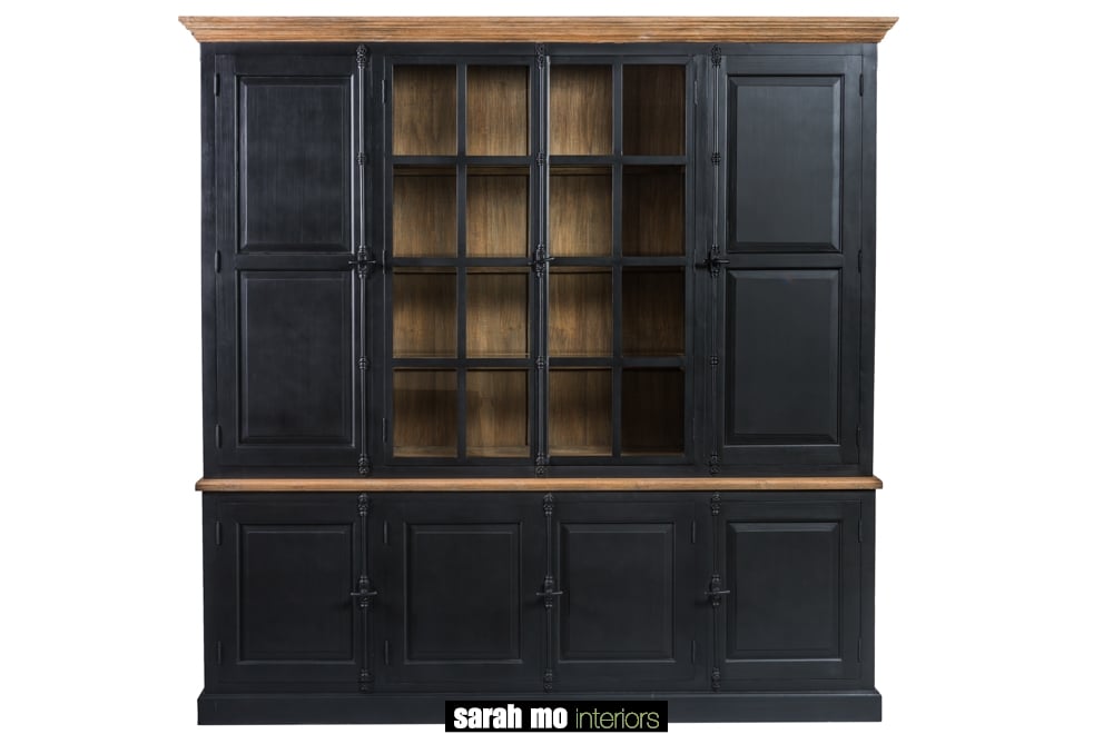 Sarah Mo Zwarte vitrinekast met 2 glazen deuren, 6 houten deuren en tablet in hout - Melinda
