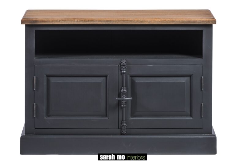 Zwart tv-dressoir met 2 deuren en tablet in hout - Nachtkastje - Landelijke meubels en verlichting - Sarah Mo