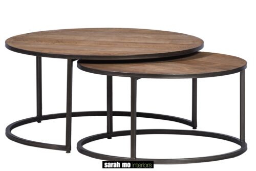 Set van 2 ronde salontafels met tablet in teak en onderstel in ijzer - Tafel - Landelijke meubels en verlichting - Sarah Mo