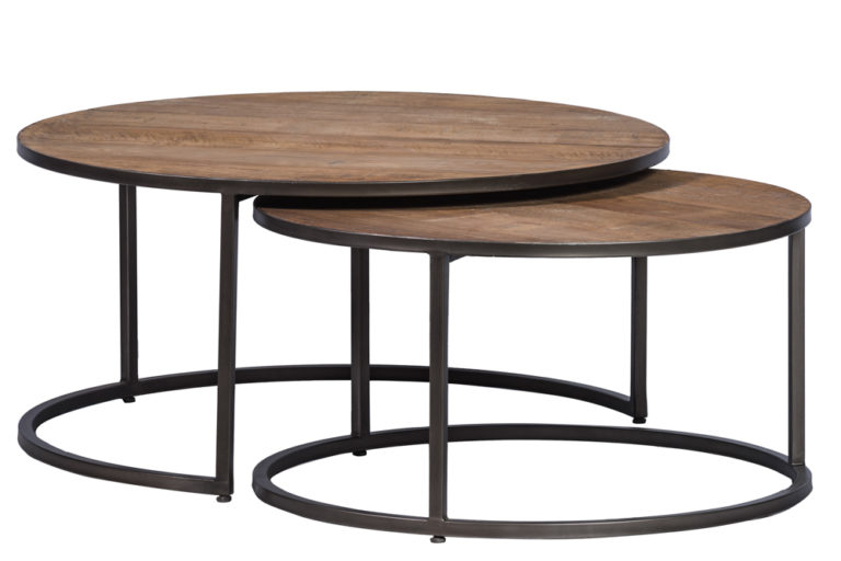 Set van 2 ronde salontafels met tablet in teak en onderstel in ijzer - Tafel - Landelijke meubels en verlichting - Sarah Mo